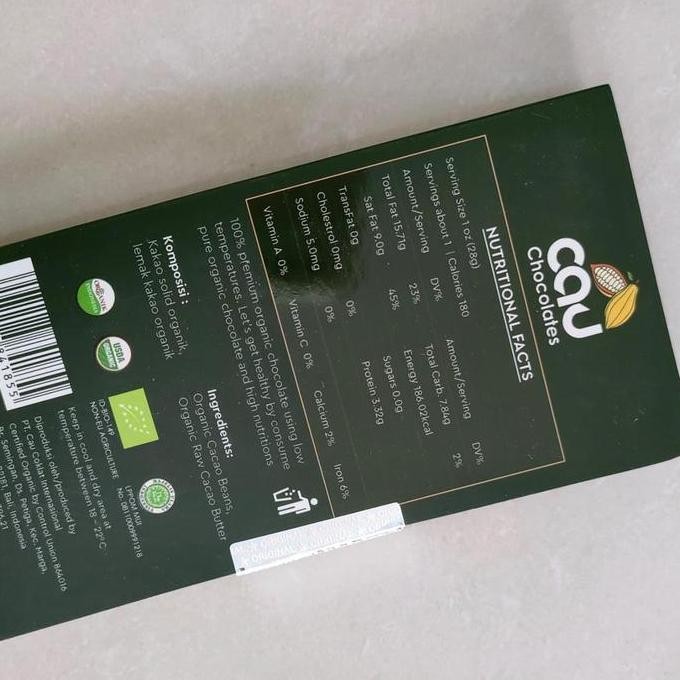 

Organic Dark Chocolate 100% No Sugar 80g Cokelat Keto - Cau Chocolates