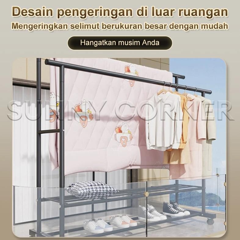 Rak Gantungan Baju Stand Hanger 2 tingkat Gawang Baju Jemuran Pakaian Portable Jemuran Baju Dengan 4