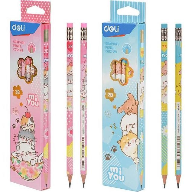 

Deli EC012-2B Graphite Pencil / Pensil Kayu 2B Isi 12pcs/Pack dengan Penghapus Desain Miyou Lucu DiM