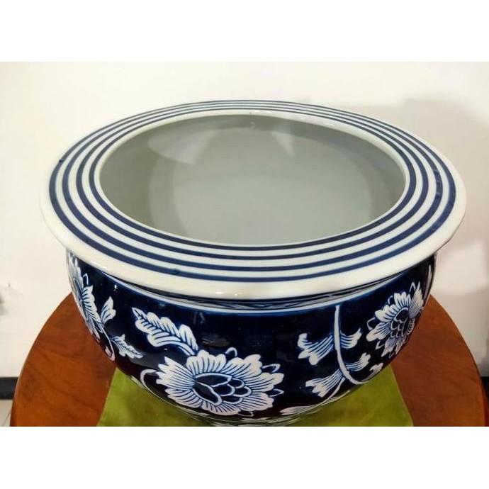 Pot Bunga Keramik Cina Biru Dongker Bulat Tebal Besar Size No 1