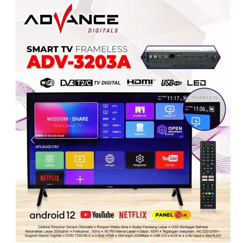 [GRATIS PACKING KAYU] Advance ADV-3203A Smart LED Televisi Android 12.0 32Inch Frameless Full HD Voi