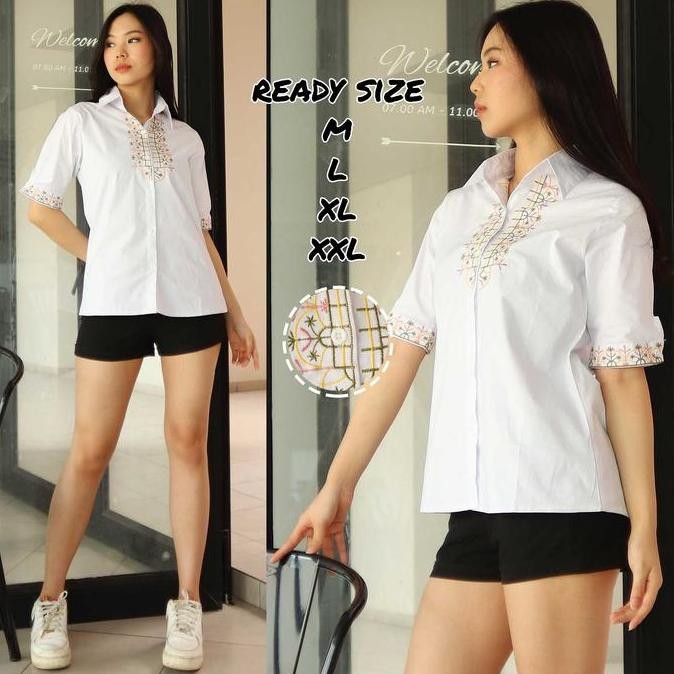 Blouse Katun Bordir Putih Atasan Kemeja Blouse Katun Putih Import ES
