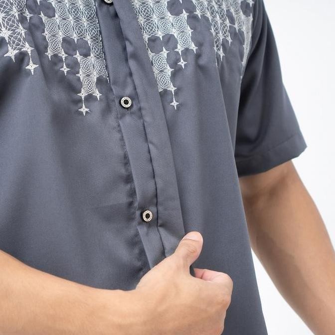 baru  Alkinan Baju Koko Couple Ayah Anak Motif Bordir Lengan Pendek warna hitam khaki coksu abu gray