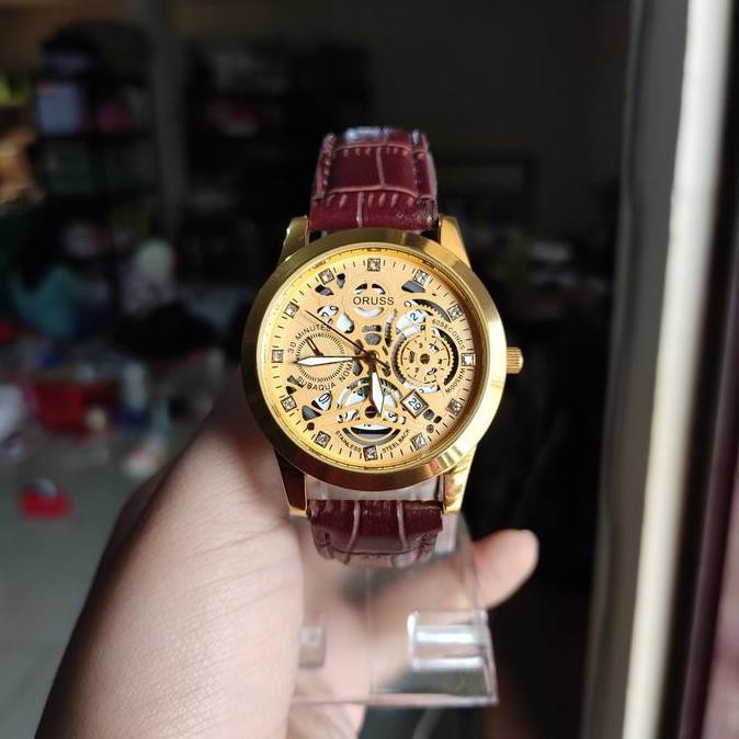 baru Jam Tangan Pria ORUSS Kerangka Mekanik Gold Strap Kulit PU Ada Tanggal