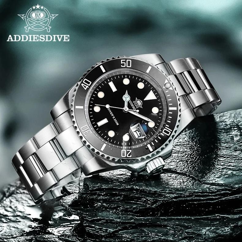 ADDIESDIVE Quartz Watch for Men 316L Stainless Steel Super Luminous Ceramic Bezel 200m Waterproof Cl