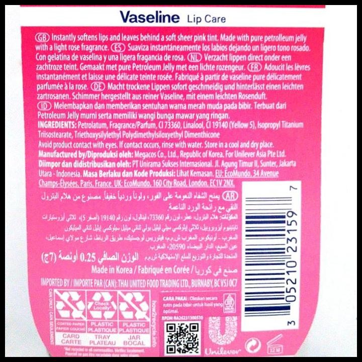 Terlaris Vaseline Lip Therapy Rosy Lips 7g 0.25 oz Care Pelembab Bibir BPOM Ori Made In Korea Korean