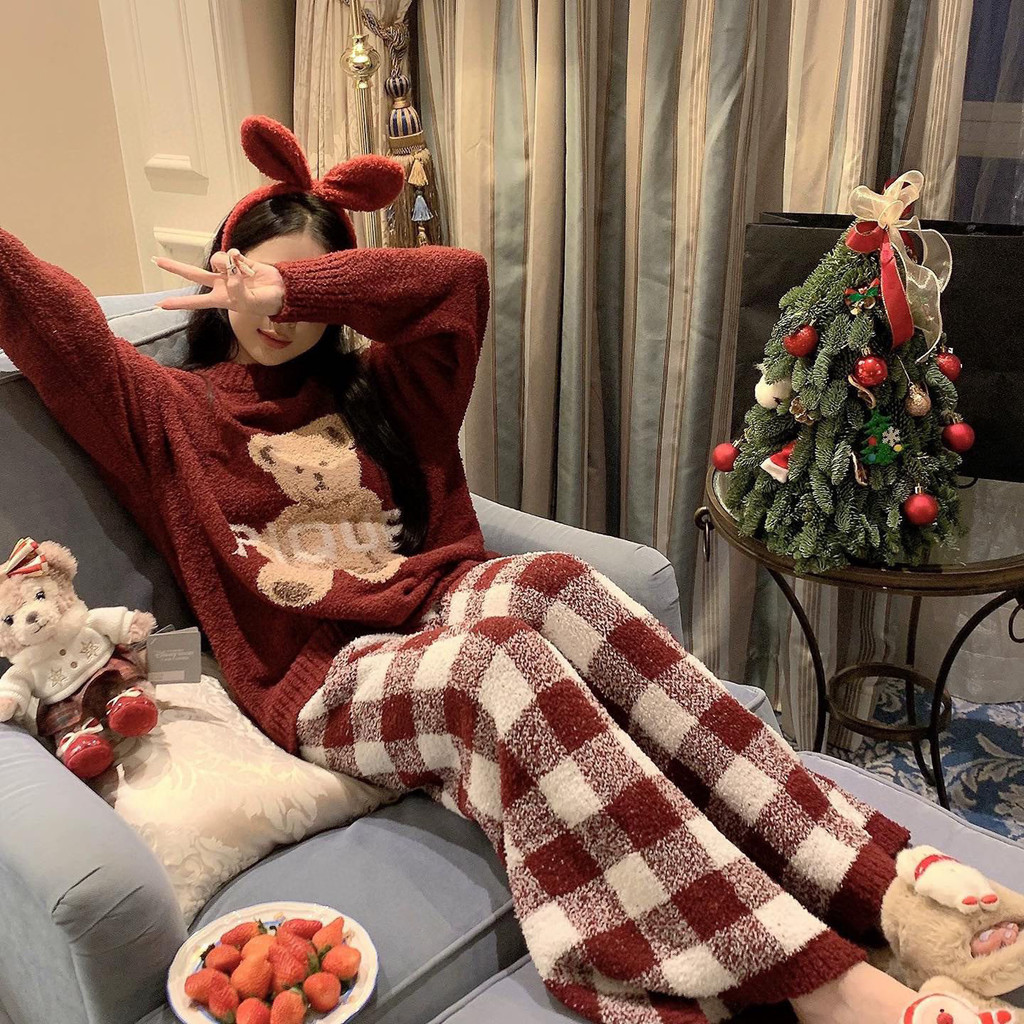 Christmas Plaid Bear Pajamas Long Sleeve Top Pants Soft Autumn Homewear Winter Sleepwear Clothing Se