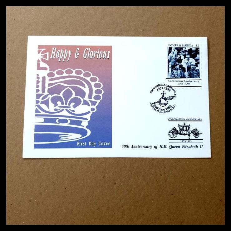 

BEST DEAL PRANGKO 40TH ANNV. CORONATION OF H.M. QUEEN ELIZABETH II (1953-1993) HAPPY & GLORIOUS. FDC DARI ANTIGUA & BARBUDA (3)