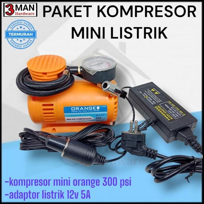Paket kompresor mini Power Listrik 12v orange set pompa Ban mobil motor, balon, bebek terlaris