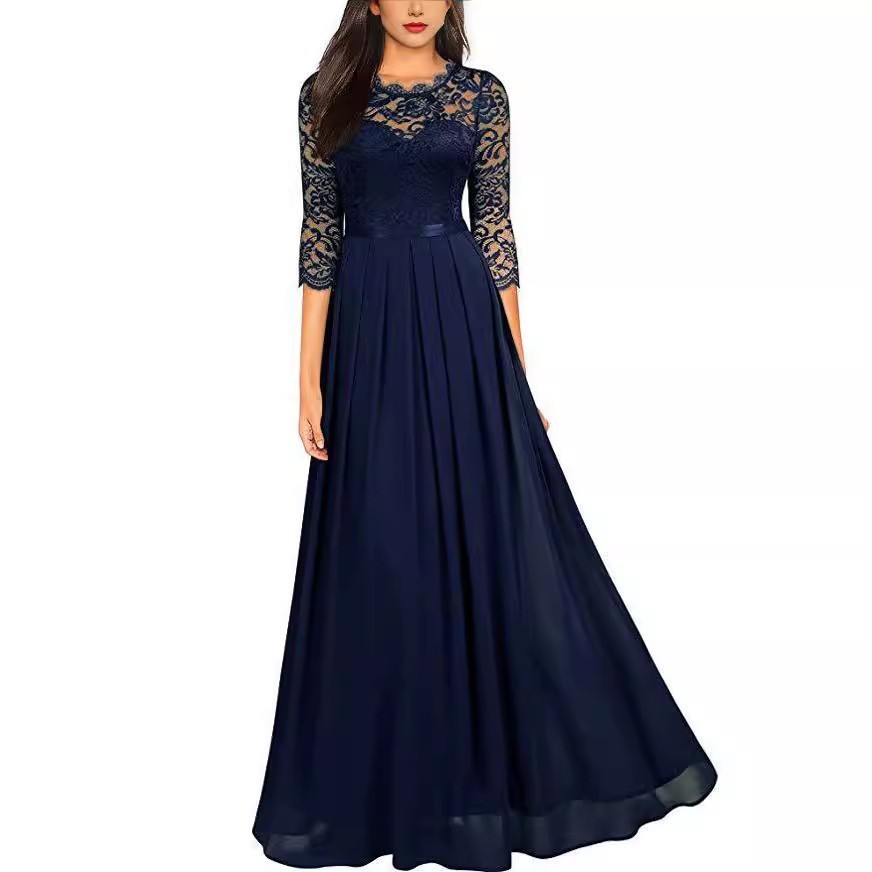 2025Evening Gown European Style Patchwork Dress round Neck Lace Long Dress Evening Gown
