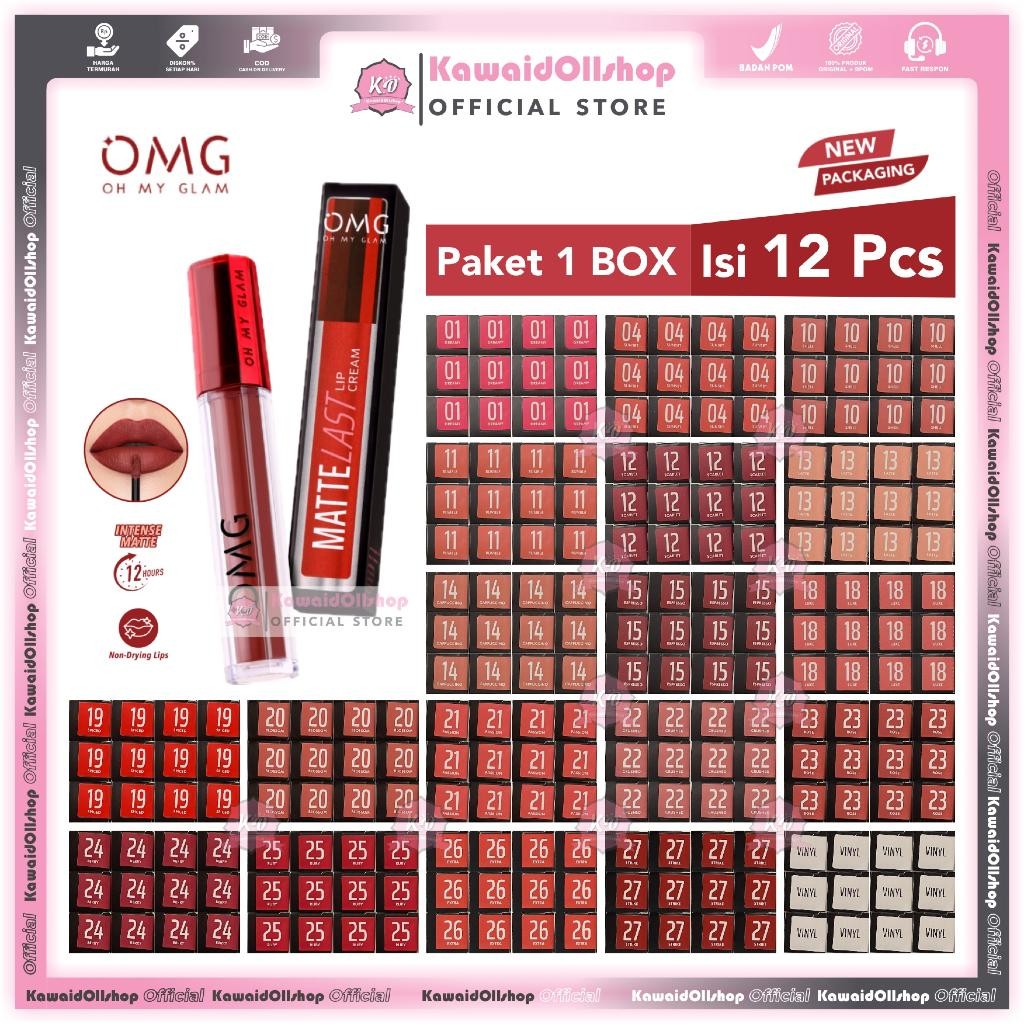 Omg Oh My Glam Mattelast Lip Cream / Lipstick Paket 1 Box Isi 12 Pcs | Tahan Lama /Lusin New Best Qu