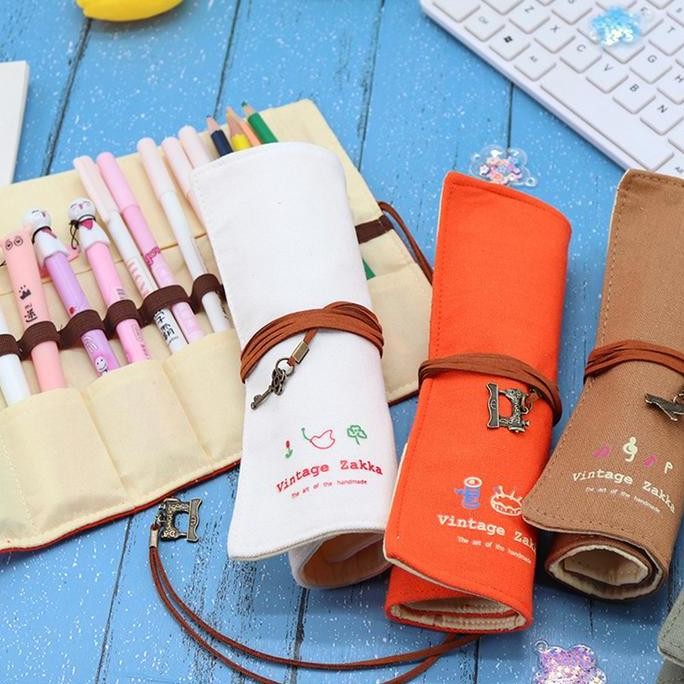 

Pencil Case Roll / Tas Pensil Gulung Bahan Kapas / warna Hijau oranye murah