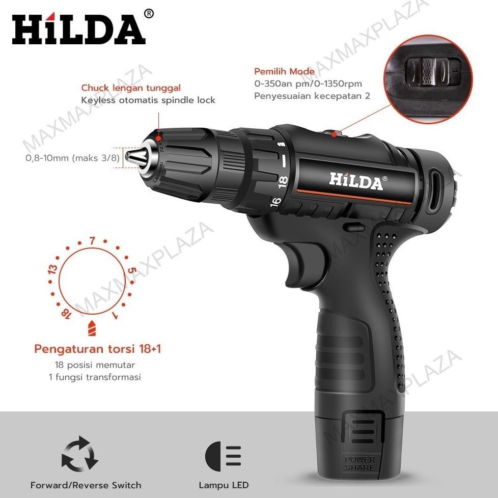 Premium (Ready) 12V Hilda Mesin Bor Baterai Tangan Cordless/12V Bor Baterai / Bor Dampak / Mesin Bor