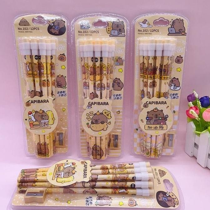 

1 Set 12pcs Pensil Anak Motif CAPYBARA Set Pensil Sekolah Lucu Premium Quality