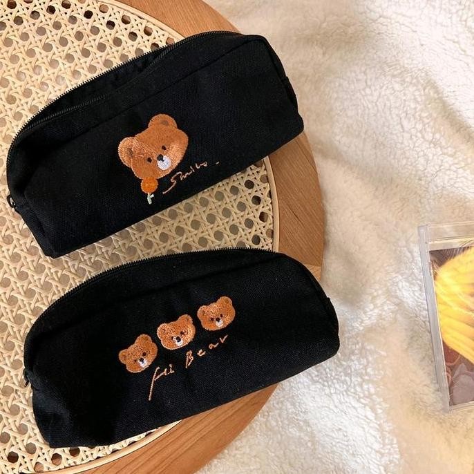 

Pouch Tempat Pensil Tas Kanvas Bear | Dompet Makeup Travel Stationery Lucu