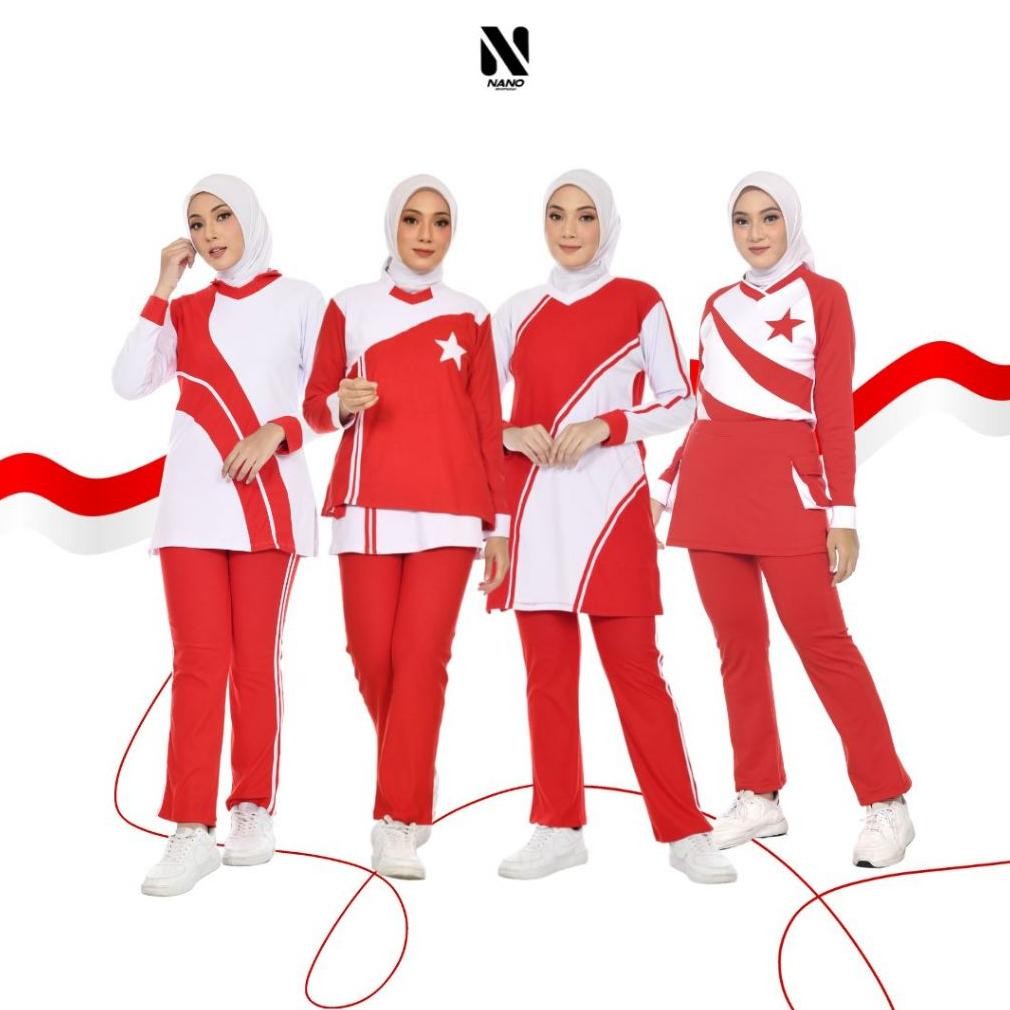 NANO SPORT || BAJU SENAM WANITA / SETELAN OLAHRAGA MERAH PUTIH