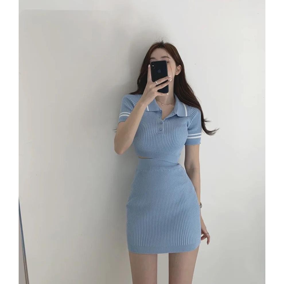 Set Crop Knit Rajut / Setelan Rajut + Rok Span Lengan Pendek