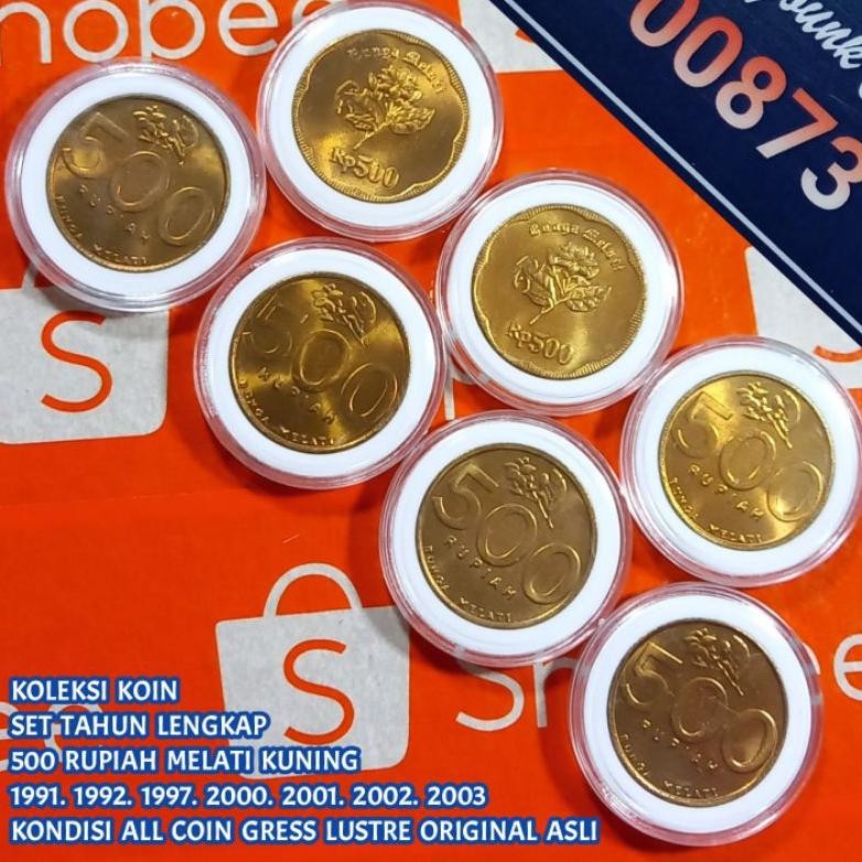 Uang Kuno Koin 500 Rupiah Melati Kuning Set Tahun Lengkap 1991-2003 Semua Koin Gress Baru Dari Roll 