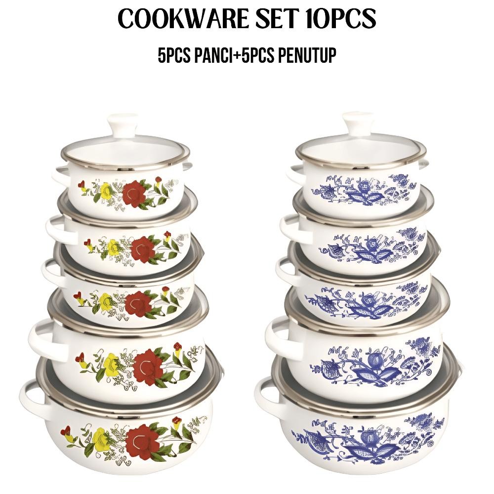 Terlaris Panci Kembang Set Enamel / Panci Susun 10Pcs Dan 6Pcs / Panci 3 Susun Tutup Kaca / Panci Re