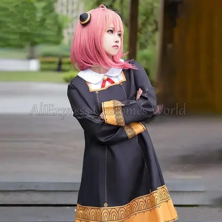 Anime Anya Forger Cosplay SPY X FAMILY Anya Forger Cosplay Costume Dress Uniform Pink Wigs Horn Hall