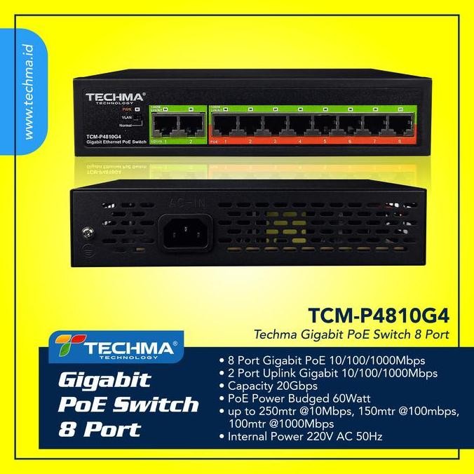 Techma Gigabit Switch Poe 8 Port, 2 Up Link New Stok