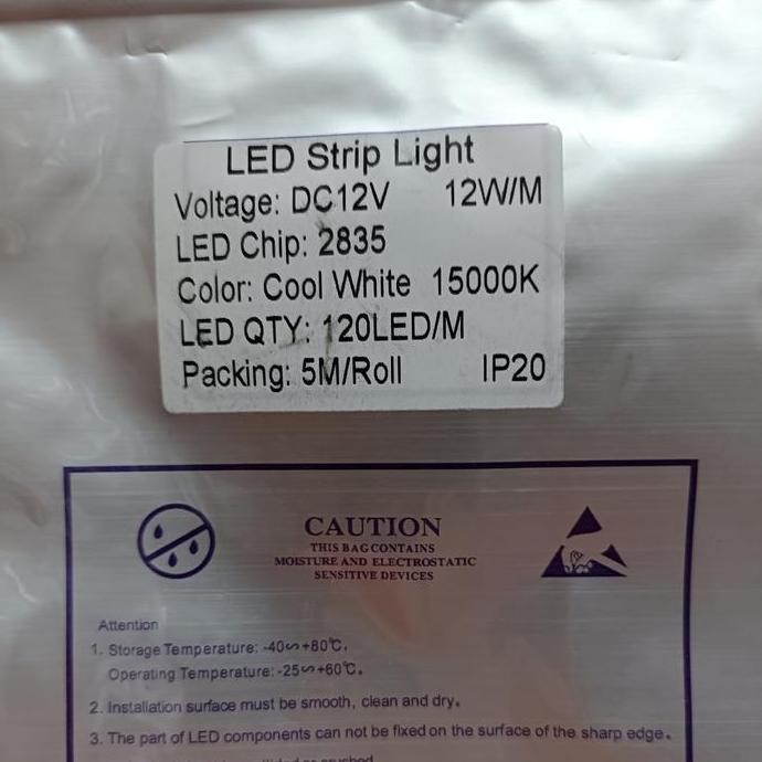 Lampu Led Strip Mata Rapat 120Led/M Dc12V 12Watt/M 5M/Rol Cool White