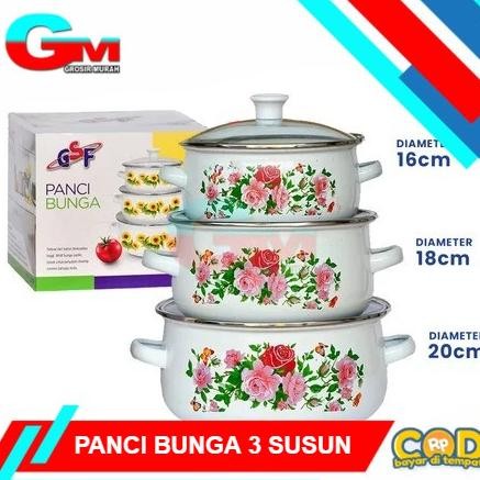 Terlaris Panci Bunga Calypso 3 Susun / Panci Enamel Bunga Set 3Pcs