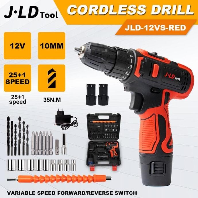 ASLI JLD TOOL MESIN BOR TANPA KABEL BOR CAS 12VF SET KOMPLIT 2 BATERAI + TOOL KITS