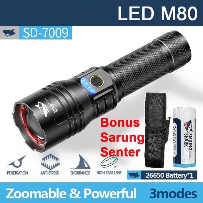Senter Smiling Shark SD7009 SmilingShark SD 7009 M80 Super Terang Powerbank Type-C Rechargeable Torc