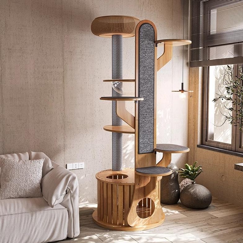 Pohon Kucing Kayu Pinus Kapsul Ruang Mewah untuk Kucing Besar Lompatan Lancar