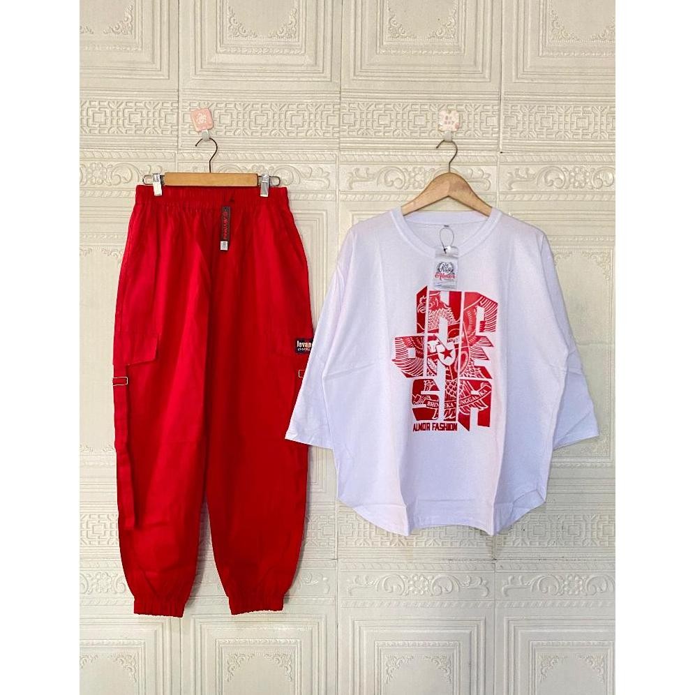 Setelan Kaos Wanita  Jumbo Merah Putih // Set Cel Kaos Kemerdekaan Terbaru
