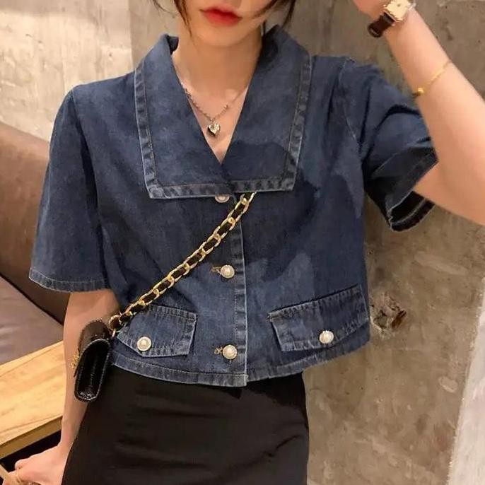 COD-Crop Top Oversize Denim Wash Wanita / Blazer Crop Jeans Outfit Jeans Korean Remaja