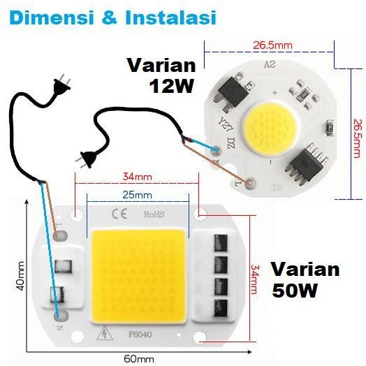 Modul Lampu Sorot Listrik Led Cob Ac White/Warm 12W-50W Pcb Aluminium