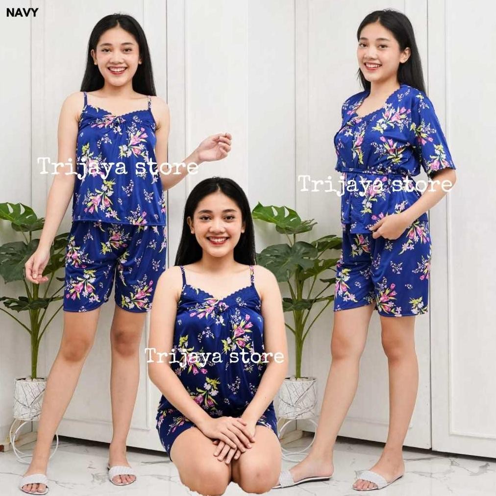 Trijaya . Setelan Kimono Celana Pendek Satin / Set Tricot Kimono Lingerie Motif Bunga Kd.369