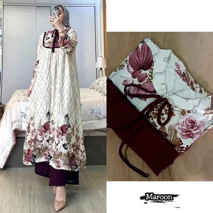 DWF ZB- One SET Milea (TALI LEHER) Setelan Tunik Celana Setelan Wanita Baju Wanita Atas bawah Terbar