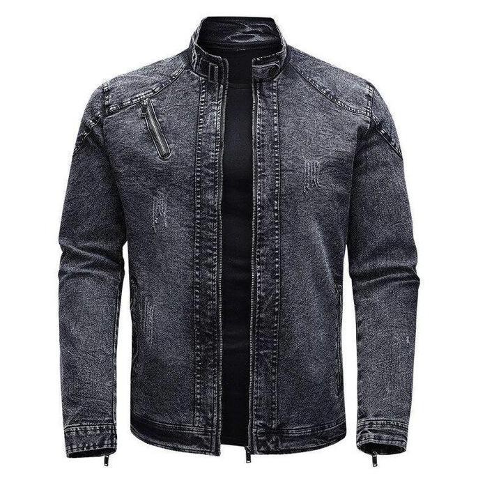 Jaket jeans jaket denim pria krah tinggi resleting biker hitam atasan pria distro keren kasual