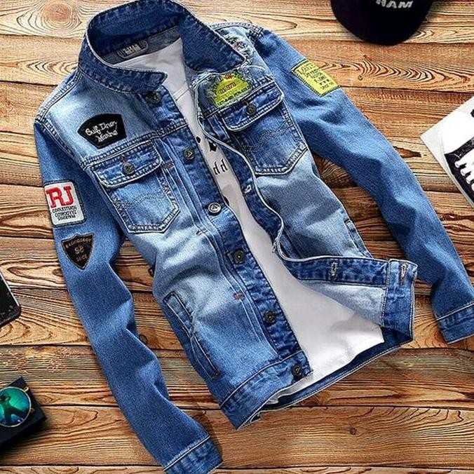 Jaket Jeans Pria Model Tempel Full Bordiran Bahan Denim Leher Kerah Tinggi