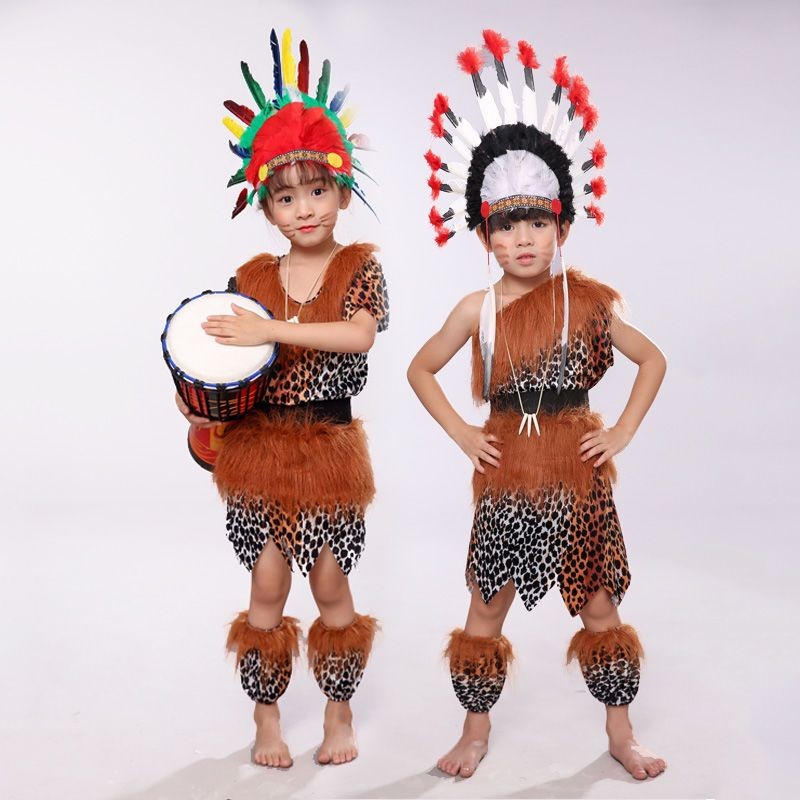 Kostum Pertunjukan Drum Afrika Anak-Anak Pakaian Pemburu Kostum Kepala Suku India