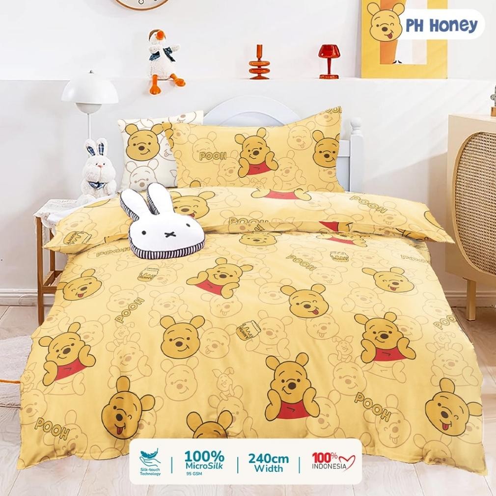 NEW VARIAN Sprei Mikro Silk Star Motif Anak Pooh Honey Kuning Putih