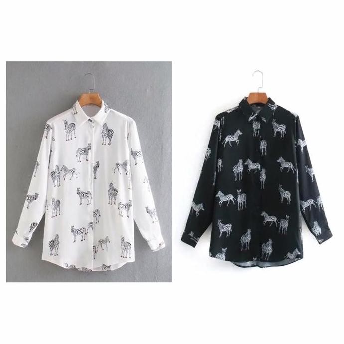 Atasan kemeja zara look lengan panjang wanita casual motif zebra