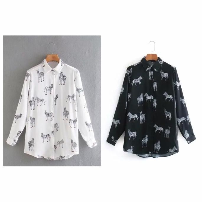 Atasan kemeja zara look lengan panjang wanita casual motif zebra