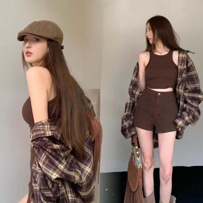 #LOVELIA Jaket Kemeja Kotak-kotak Seri Maillard Atasan Kemeja Panjang Menengah Longgar Musim Gugur W