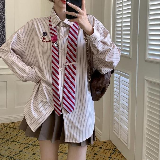 Kemeja Dasi Bergaris Korean Vintage Kemeja Wanita Loose Lengan Panjang Atasan Wanita Shirt Oversize