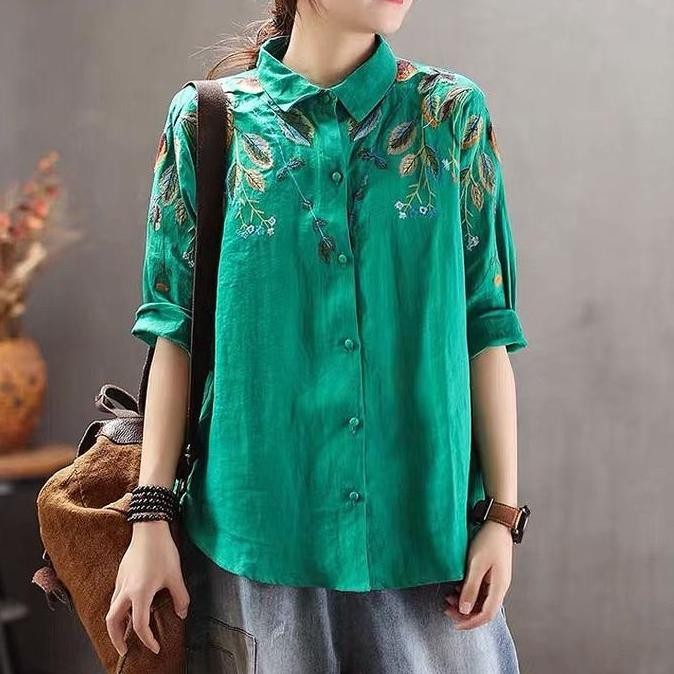 BLUS KEMEJA LINEN OVERSIZE HIJAU EMERALD BAHU BORDIR DAUN KOREA IMPORT