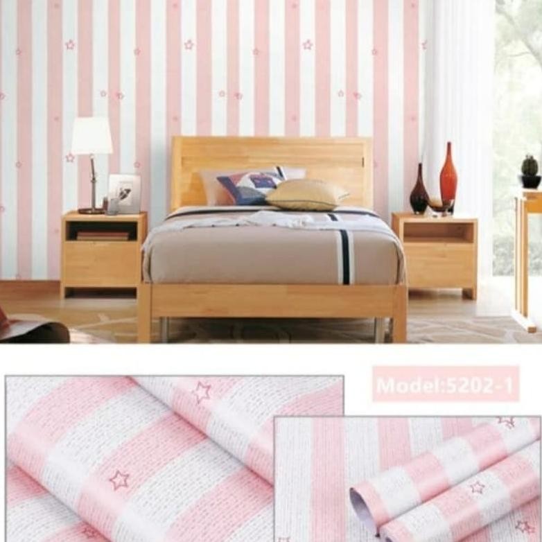Promo Paket 5 Roll Wallpaper Dinding Aesthetic Motif Salur Pink Bintang Premium Pvc Wallstiker Murah