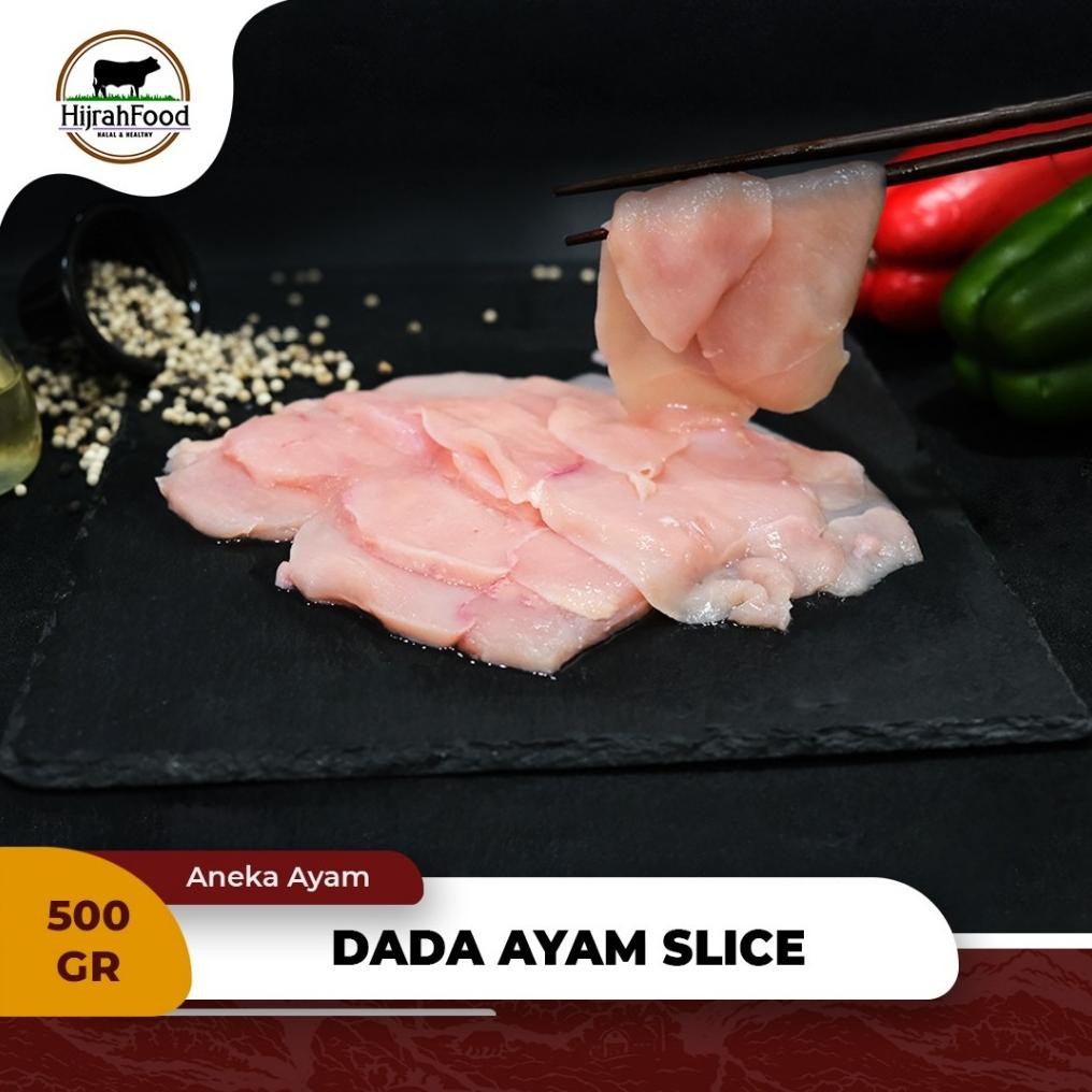 

Hijrahfood Daging Dada Ayam Slice Premium Chicken Breast Fillet Sliced Halal 500gr Nugi