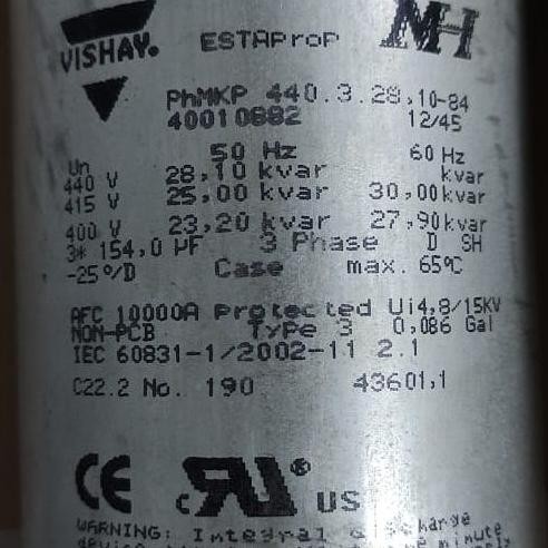 Capacitor Vishay 25Kvar Kapasitor Bank 3 Phase 415V