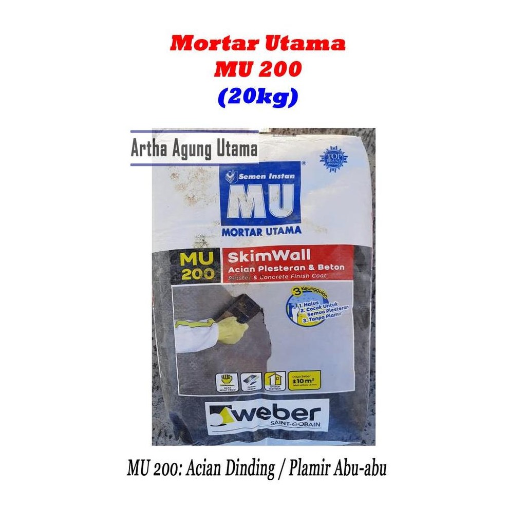 Semen Mortar Utama Mu-200 Skimwall Acian Plesteran & Beton 20Kg