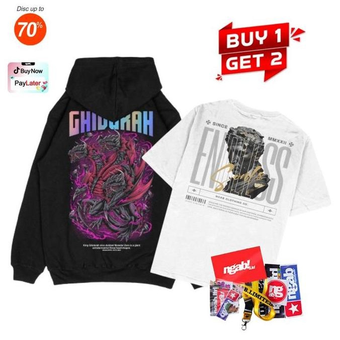 

OKS (Gratis Kupon, Stiker, Lanyard) Buy 1 Get 2 Ngab Kaos Sablon Distro Variasi Bundling Hoodie Sablon Reflective Rainbow King Ghidorah dan Kaos Endlles Spesial Bundling Outfit Kece BD-S002 Unisex