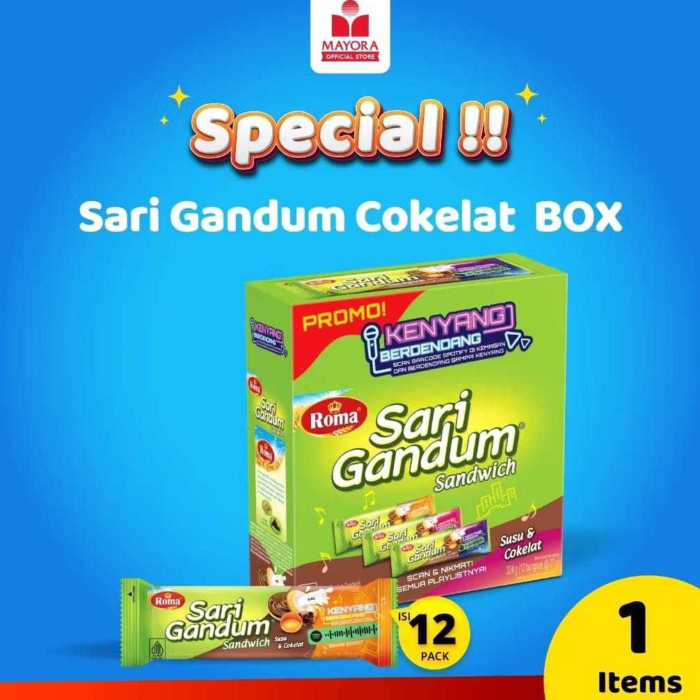 

Roma Sari Gandum Sandwich Susu Cokelat | Isi 12 Pack @ 27 Gr | Mayora Nugi
